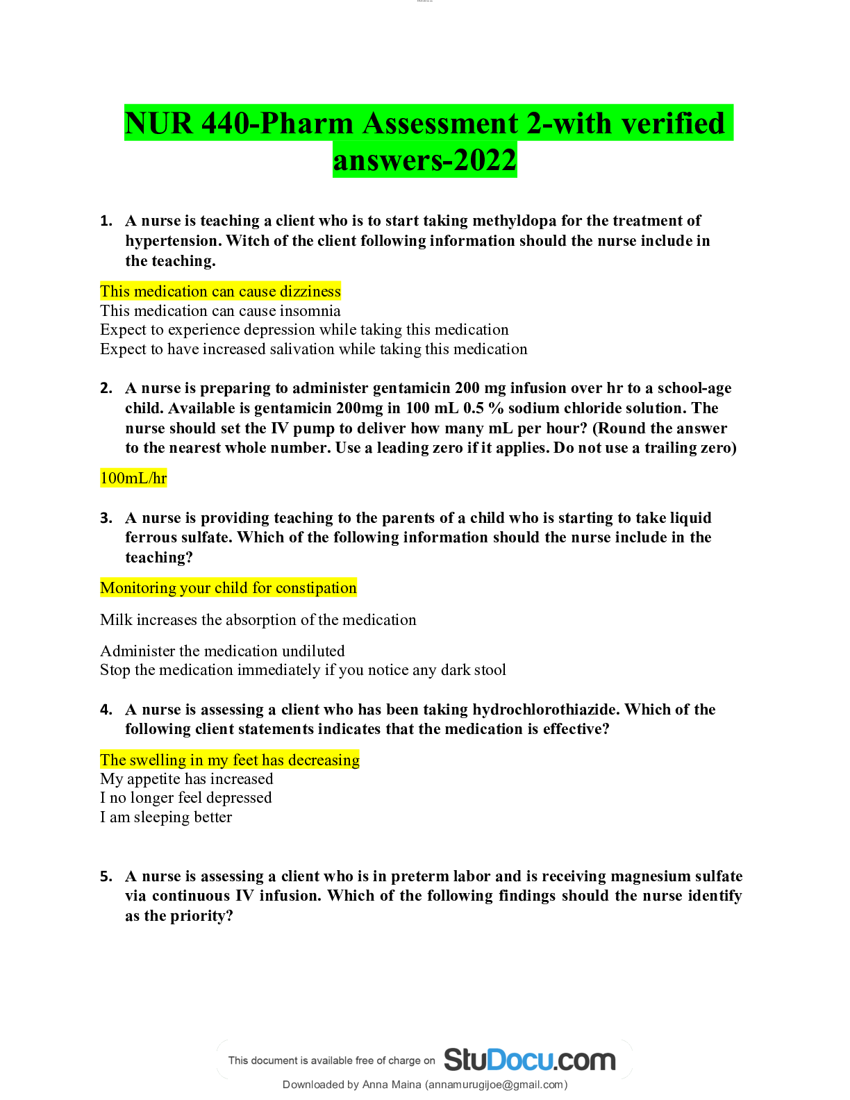 Preview of NUR 440-Pharm Assessment 2-with verified answers-2022